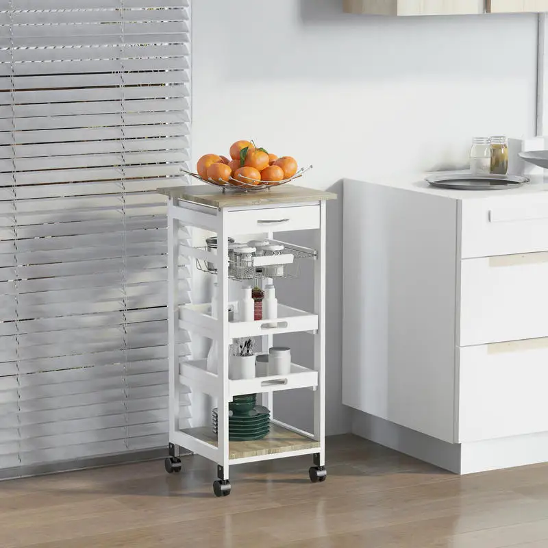 Chariot de service de cuisine sur roulettes avec panier + 2 plateaux amovibles, tiroir, étagère en MDF, chêne clair, bois de pin blanc