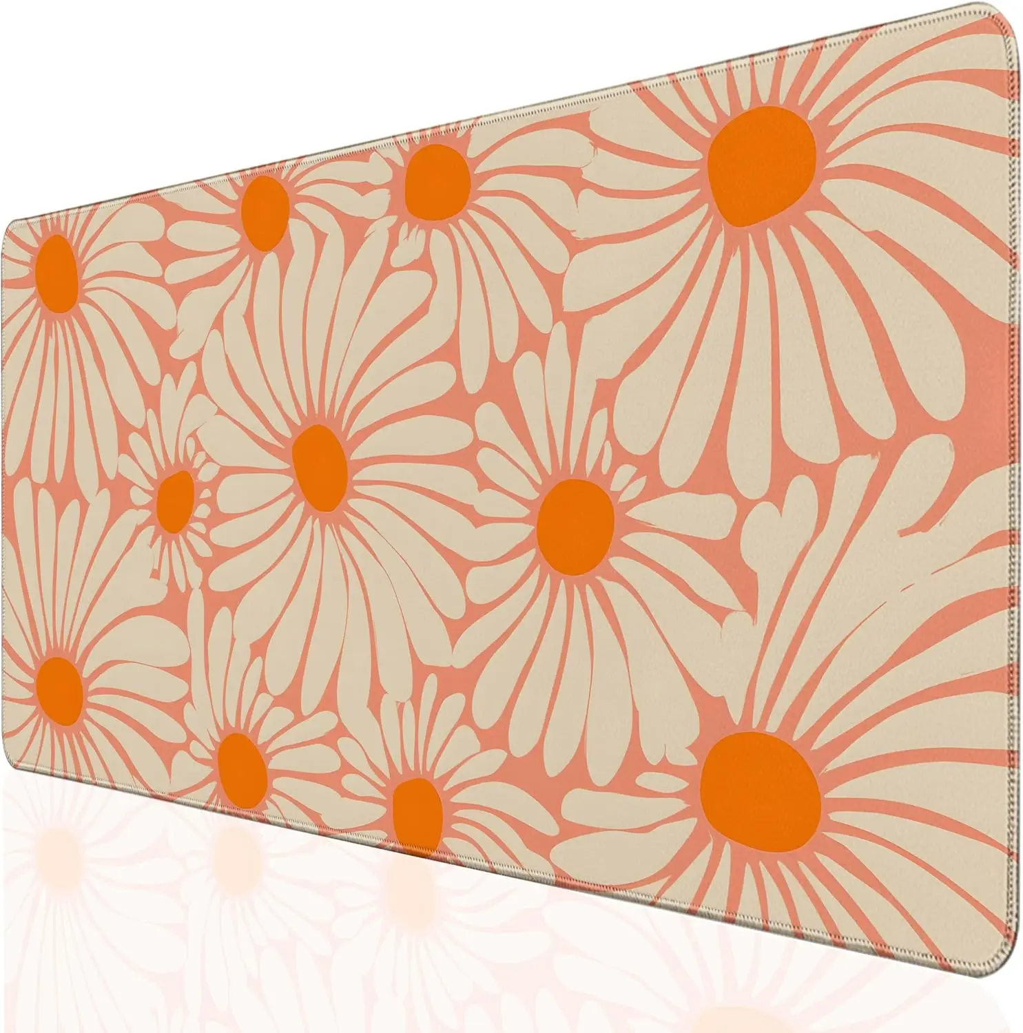 Boho Big Daisy Large Desk Mouse Pad,Vintage Orange Beige Tone Floral Full‑Coverage Art Print,Non‑Slip Mat For Gaming Office Desk