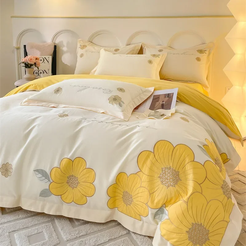 Bedding Set Luxury Egyptian Cotton Chic Yellow Flower Patch Embroidery Duvet Cover Set Flat/Fitted Bed Sheets and Pillowcases