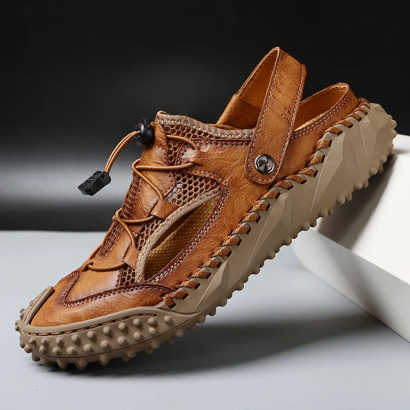 Summer Men's Sandals Outdoor Breathable Casual Shoes Genuine Leather Handmade Walking Hiking Shoes Quick Dry Wading Beach Shoes