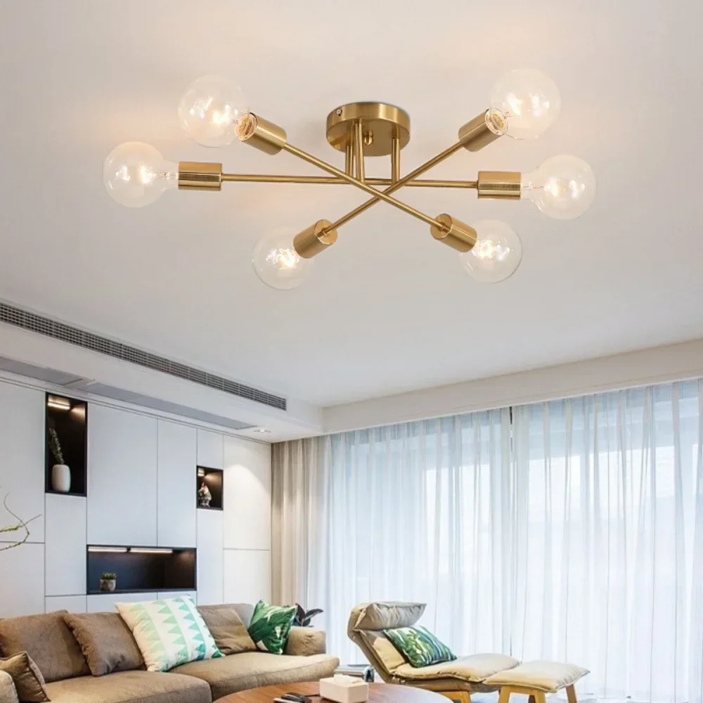 

Modern Chandelier, Ceiling Light Fixture Semi Flush Mount 6 Lights Gold Chandeliers Room Bedroom Bulbs Not Included