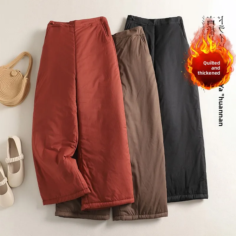 Pantalones informales de algodón Retro nacional Sle Thiened, pantalones largos cálidos adelgazantes de cintura alta para mujer de talla grande, pierna recta