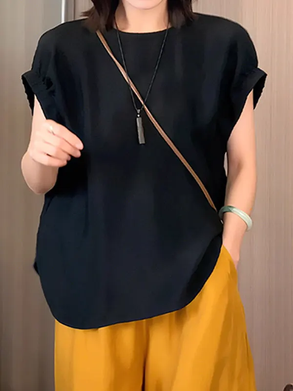 

Slimming Black Short Sleeve Shirt Women's Back Single Button Loose Fashion plus Size Summer 2026 Korean Style round Neck Top