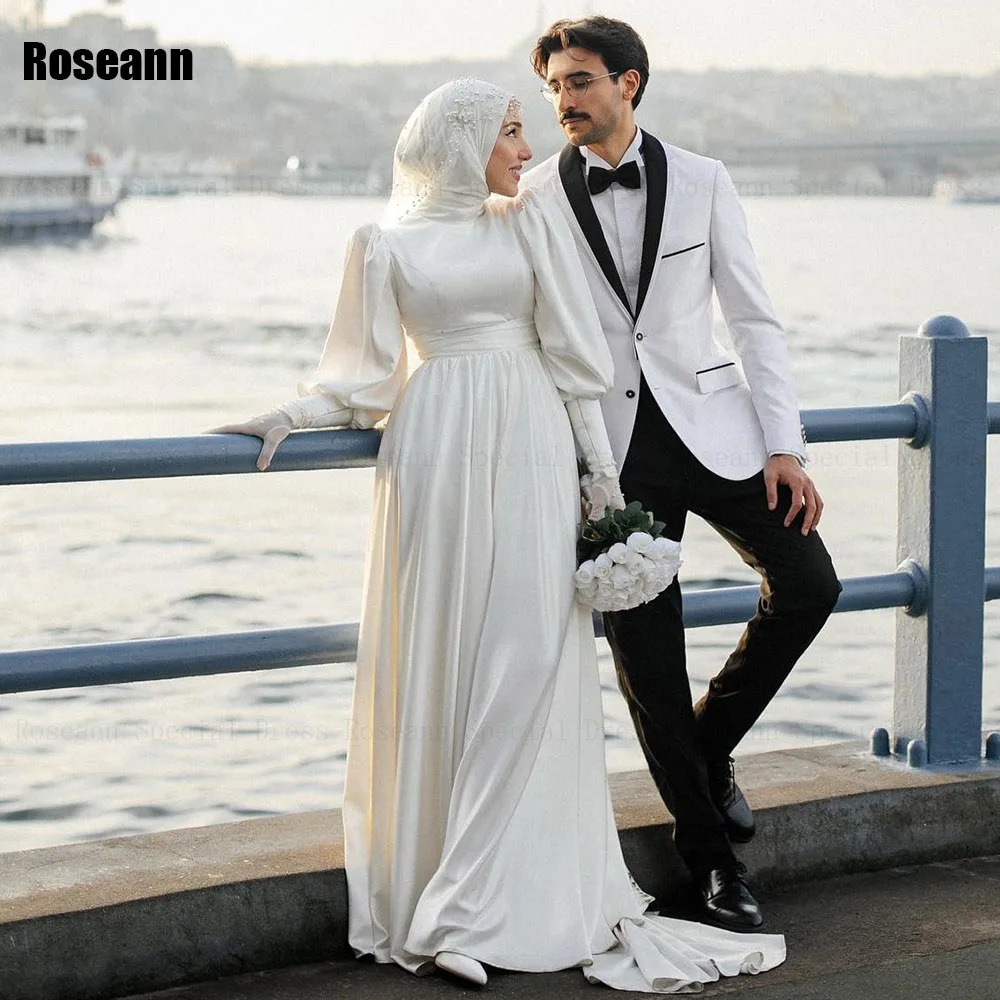 

Muslim 2024 New Fashion High Collar A-line Wedding Dresses Ivory Vertically Draped Pleat Bride Gown Floor Length robe de mariée