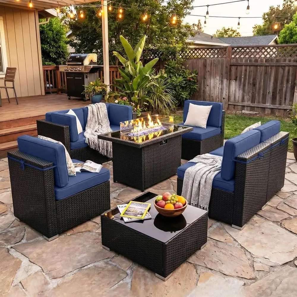 

8-Piece Patio Furniture Set with 44 Gas Fire Pit Table and Wicker Sectional Sofa with Coffee Table