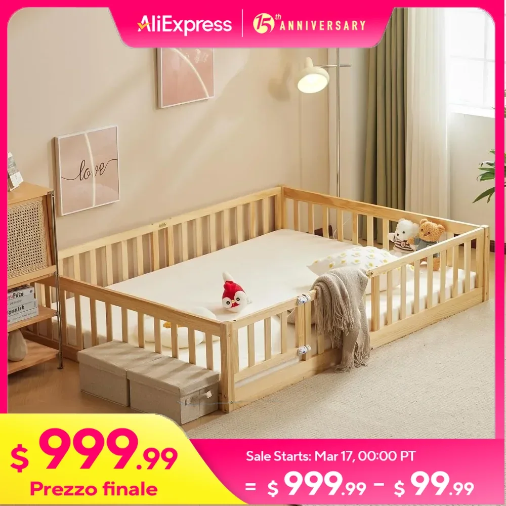 Cama de suelo con puerta y valla para niños, cama Montessori con 12 listones y barandillas de seguridad, cama de madera maciza para niños