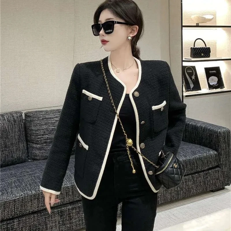 2025 Spring Autumn Women's Small Fragrant Style Coat Korean Edition Round Neck  Coarse Floral Coat Loose Fashion Short Jacket