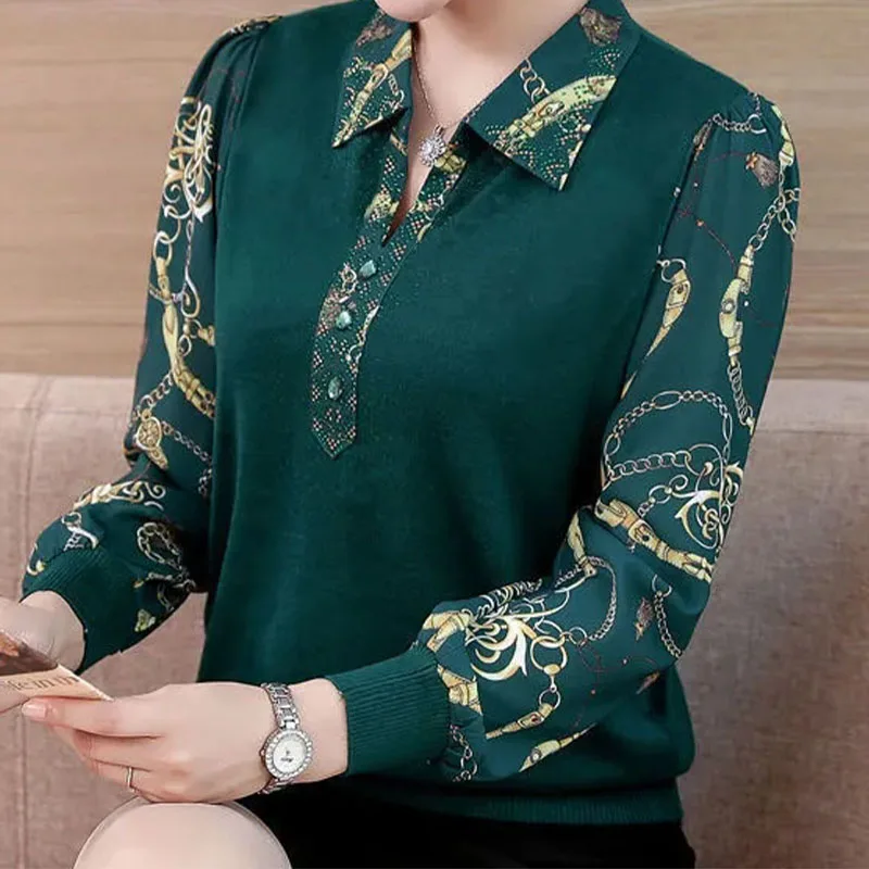 Fashion Korean Turn-down Collar Long Sleeve Tops Female Casual Commute Printed T-shirt Pullovers Women's Clothing Autumn Winter