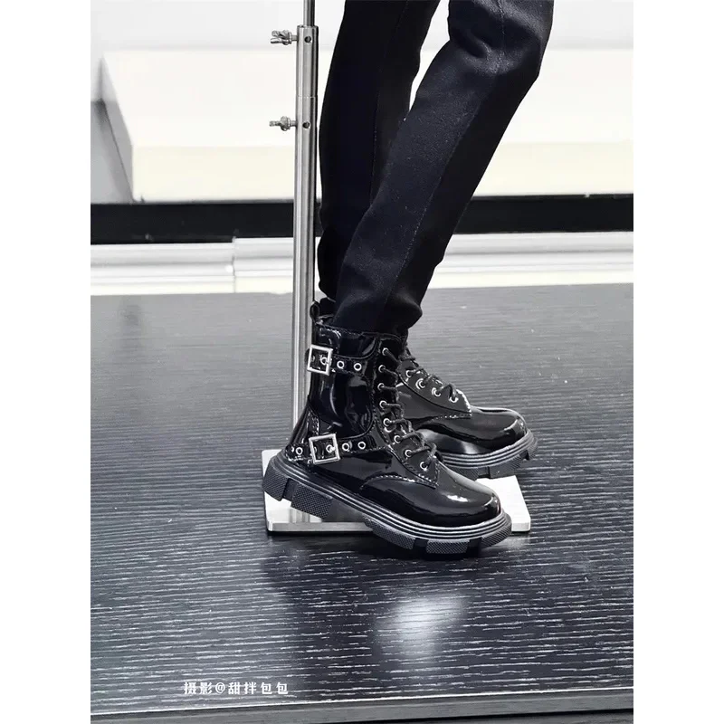 

BJD Doll Shoes Toy ID75 Patent Leather Glossy Brown Double Buckle Lace-up Ankle Boots Thick-soled Round Toe Doll Accessories