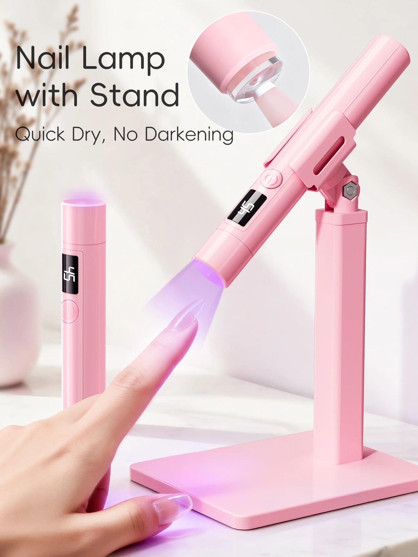 Lampe de manucure rose à main avec support d'affichage d'écran, support multifonctionnel rotatif à 360 degrés, bâton chauffant pour pointe d'ongle, 1 pièce