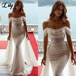 Lily Abito da cerimonia nuziale sexy a sirena glitterata con spalle scoperte Abito da sposa senza maniche con strascico lucido robe de bal Personalizzato