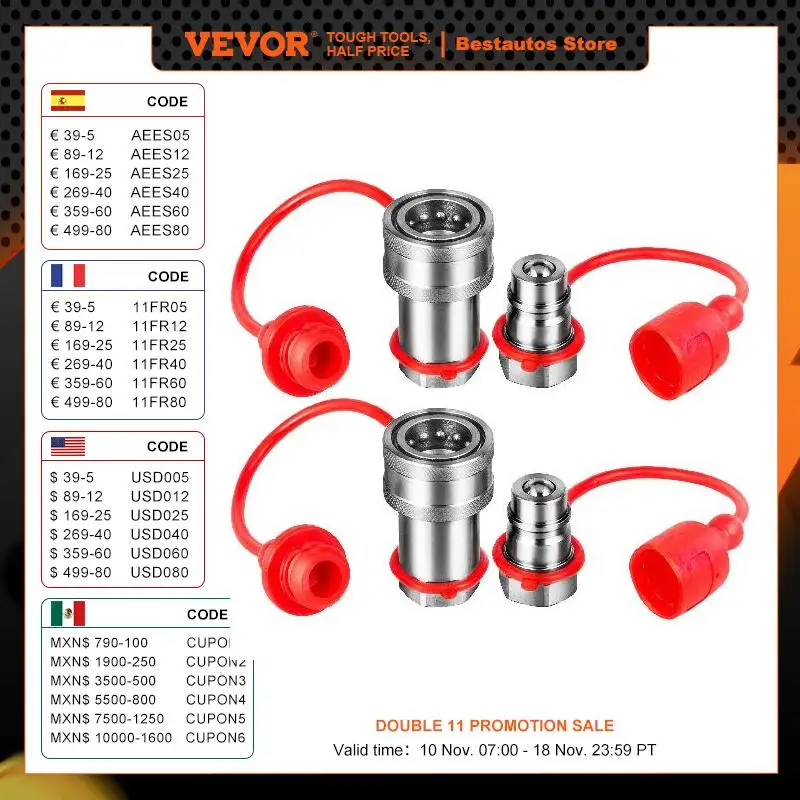 VEVOR 2 PairsHydraulic Quick Connect Couplings 3/8