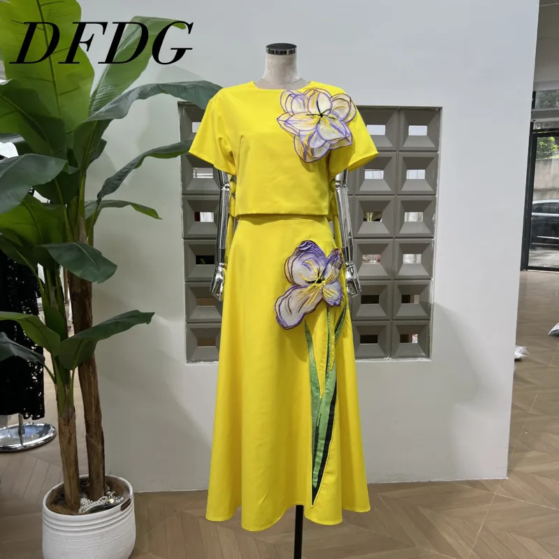 DFDG 2025 Spring Back Design Short Sleeve Top & High Waist Skirt Set 3D Embroidery Two Piece Outfit Y2K Casual Streetwear Set