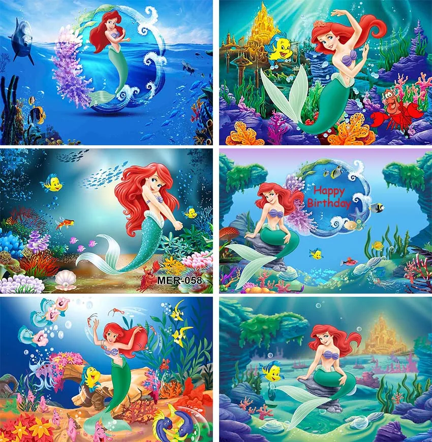 Disney Ariel Little Mermaid Princess Backdrop Under The Sea Mermaid Background Photography Girls Birthday Party Decoration