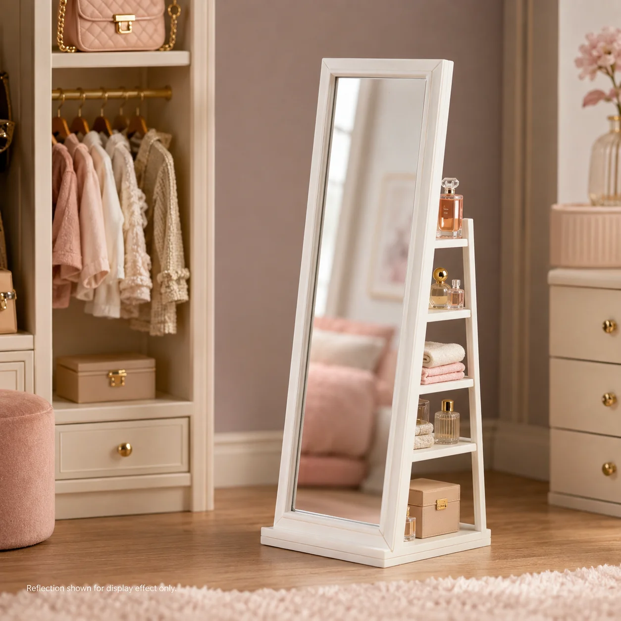Dollhouse Furniture 1:12 Scale Miniature Full-Length Mirror, with Trapezoidal Shelf and Display/Storage Function, 360-Degree Rotating Base, Modern Style Mini Mirror Furniture Suitable for Dollhouse Bedroom Decoration, Room Scene Setup, Collectible Ornaments, and Miniature Home Furnishings. Available in Two Colors, Suitable for Dollhouse Enthusiasts and Miniature Model Collectors.