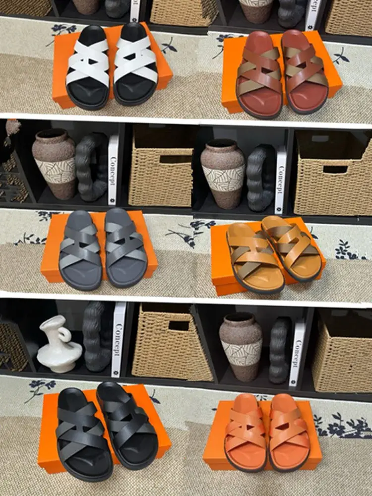 

Summer Faion Men's Leather Sandals Beach Casual Slip-On Anti-Slip Thong Slippers Breathable Flat Heel PU Bot Thongs