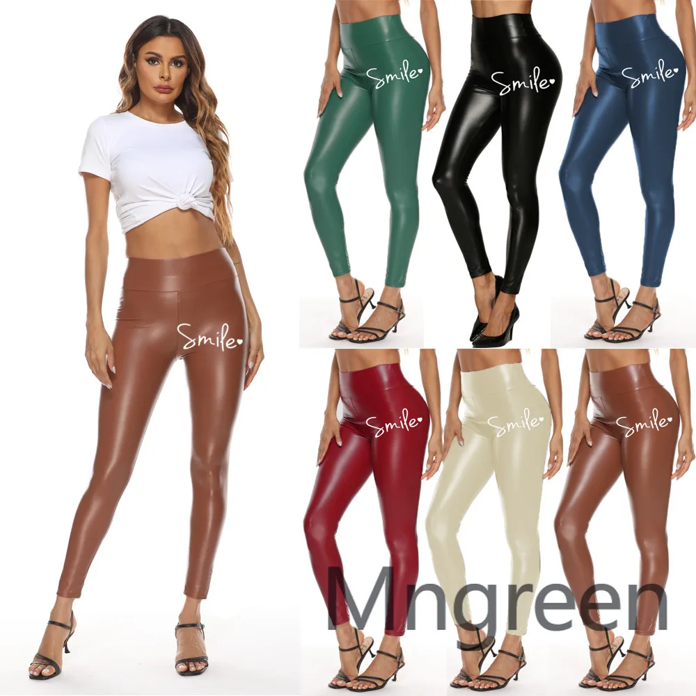 

2025 new printed leather pants women, high waist European and American large size smile printed leggings