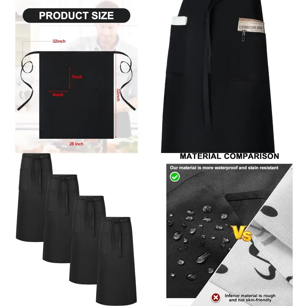 

4-Pack Waterproof Unisex Bistro Aprons, 32 Black with 2 Pockets and Long Waist Ties for Front-of-House Staff
