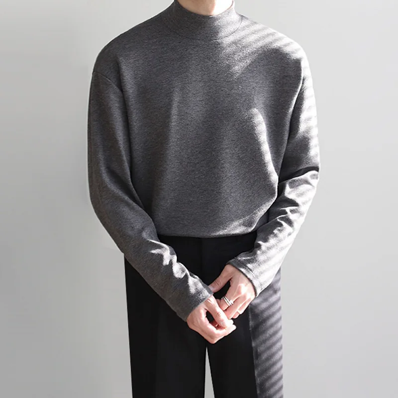 

Autumn Winter New Fashion Men's Solid Color Casual Trendy Half High Collar Long Sleeve Loose Undershirts Male Basic Clothes Tops