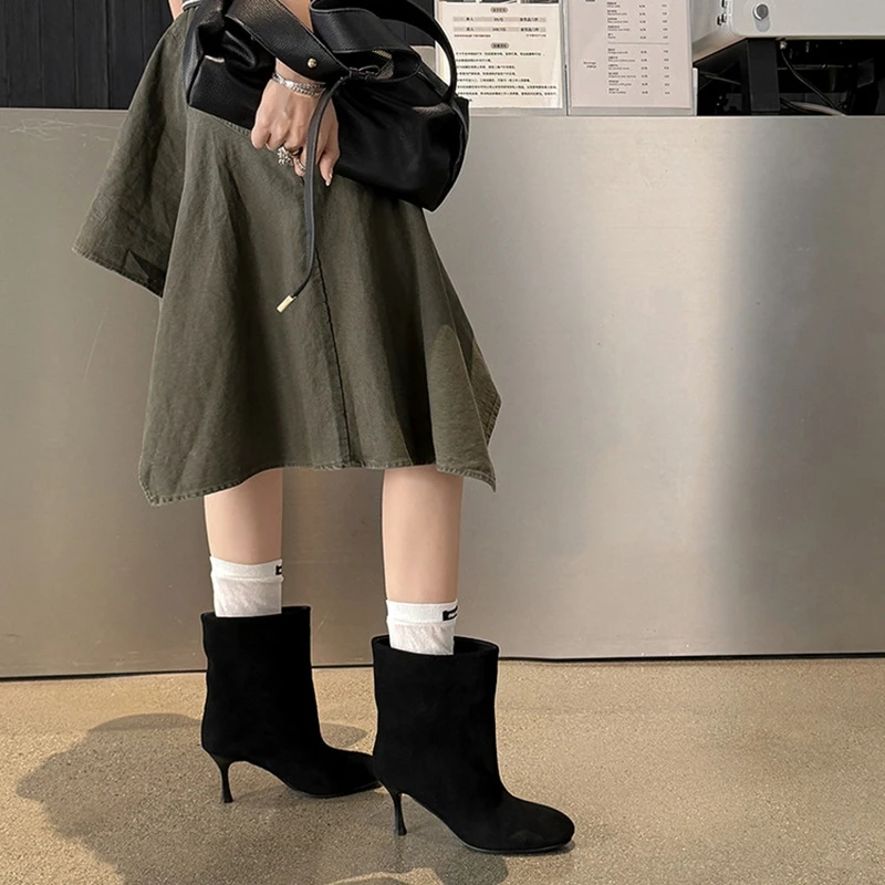 NEW Autumn/Winter Women Boots Cow Suede Leather Shoes for Women Round Toe Thin Heel Shoes Slip-on Modern Boots Solid Daily Shoes