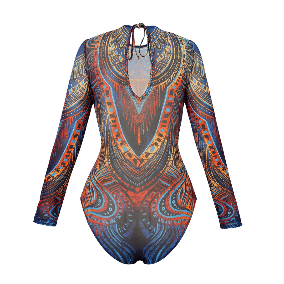 XS - XXL Bedruckter Langarm-Badeanzug mit Sarong, Damen-Badeanzug, einteiliger Badeanzug, weiblicher Badeanzug mit hohem Beinausschnitt, Badebekleidung, Badeanzug V7136 – Detail 6
