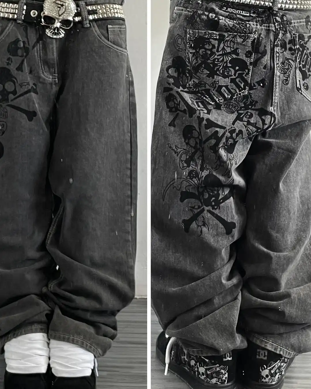 Y2K Street New Skull Embroidered Jeans American Fashion Trendy Retro Pants Men Hip Hop Gothic Harajuku Punk Loose Wide Leg Pants