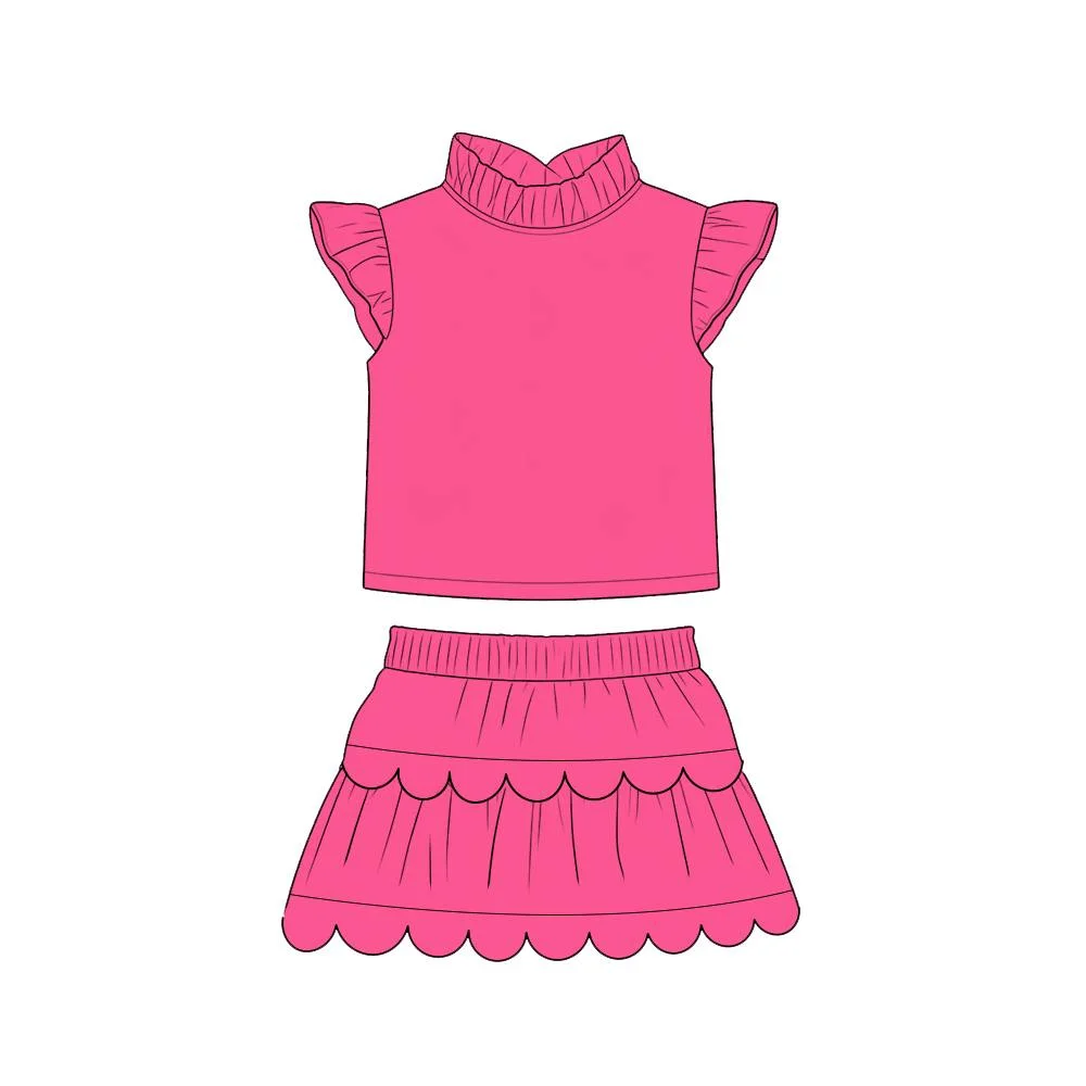 Boutique children's set short-sleeved top ruffled neckline and double-layered fan-shaped hem solid color prints wholesale