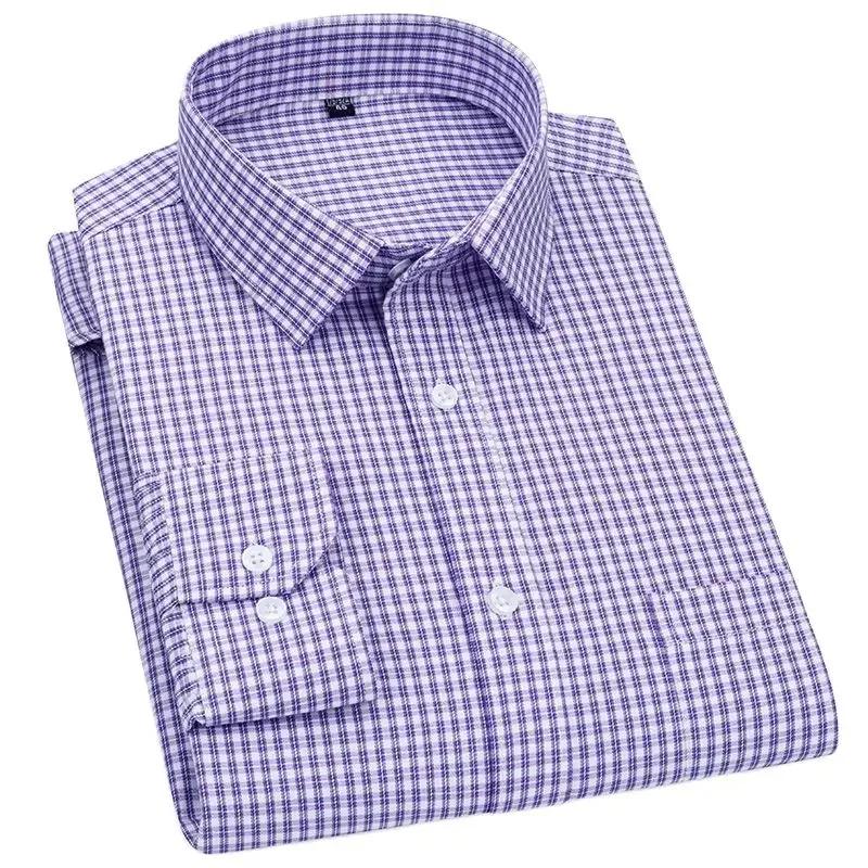 Mens Long Sleeved Shirt Business Casual Classic Plaid Striped Checked Blue Purple Male Social Dress Shirts for Man Button Shirt