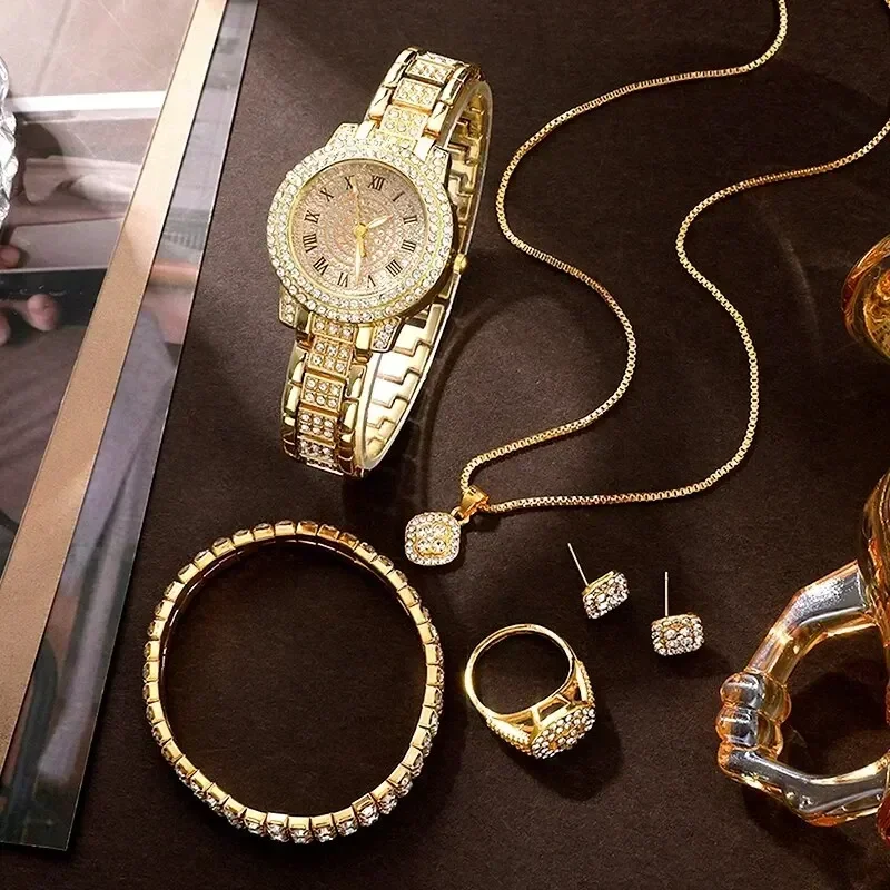 AAABCGolden Watch Women Ring Necklace Earrings Rhinestone Fashion Wristwatch Female Casual Ladies Watches Bracelet Set Clock