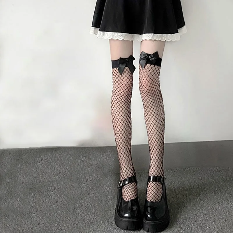 HEZIOWYUN Women's Thigh High Fishnet Socks 3D Ribbon Bow Mesh Sheer See Through Boot Socks Y2K Kawaii Cosplay Stockings