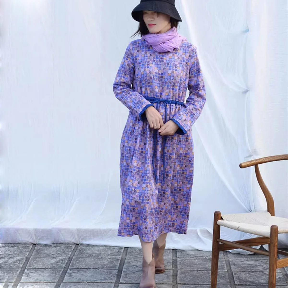 Falda MIDI por encima de la rodilla de ramio de calidad con estampado Vintage, vestidos de ocio de invierno para mujer, bata tipo túnica de manga larga con forro polar y bolsillos