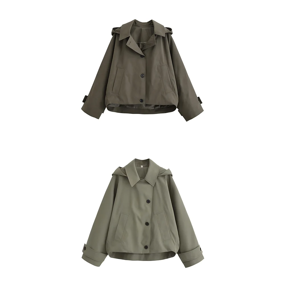 

Women's autumn fashion loose cape style hooded trench coat retro long sleeved Button-up women's coat chic top