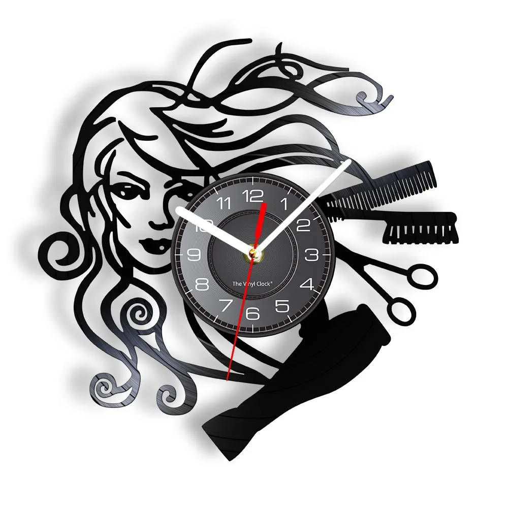 

Modern Design Barber Shop Vinyl Record Wall Clock Fashion Girl Long Hair Hairdresser Sign Vinyl Disk Crafts Clock Wall Watch