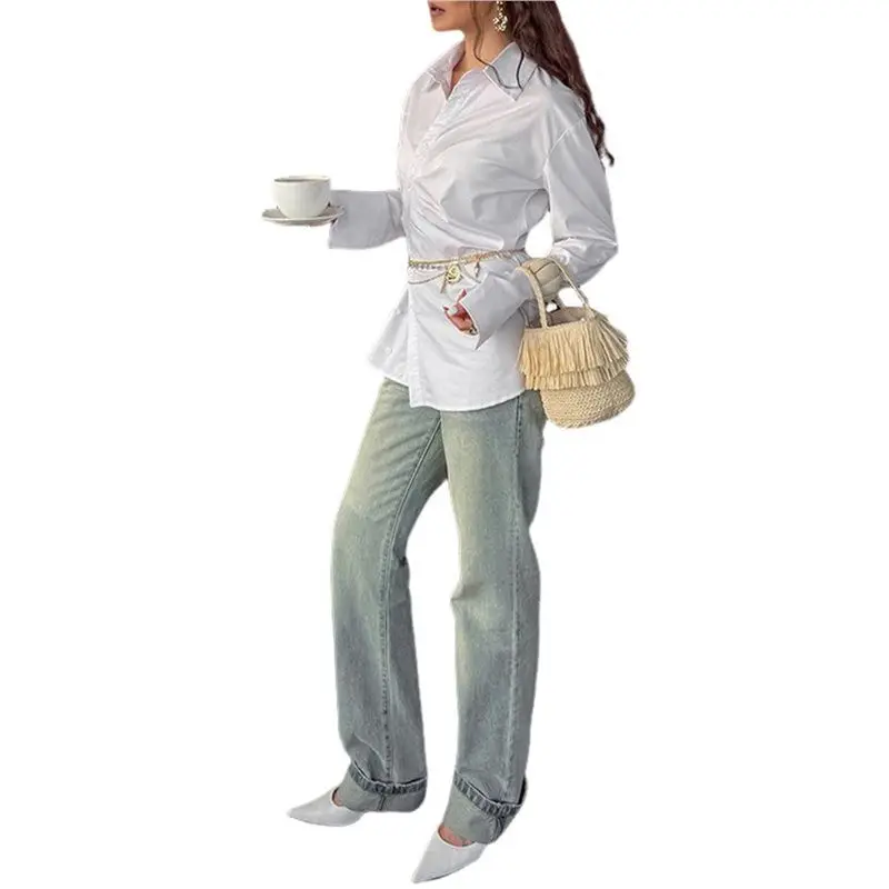 

AUAU-Женская блузка с пуговицами и длинными рукавами, рубашка с лацканами, асимметричные топы для выхода в свет, офисная одежда