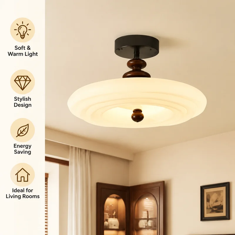 Ceiling Light Mid Century Cream Vintage Wood Grain Full Spectrum LED Flush Mount for Bedroom Kids Room Eye Care Home Decor Lamps