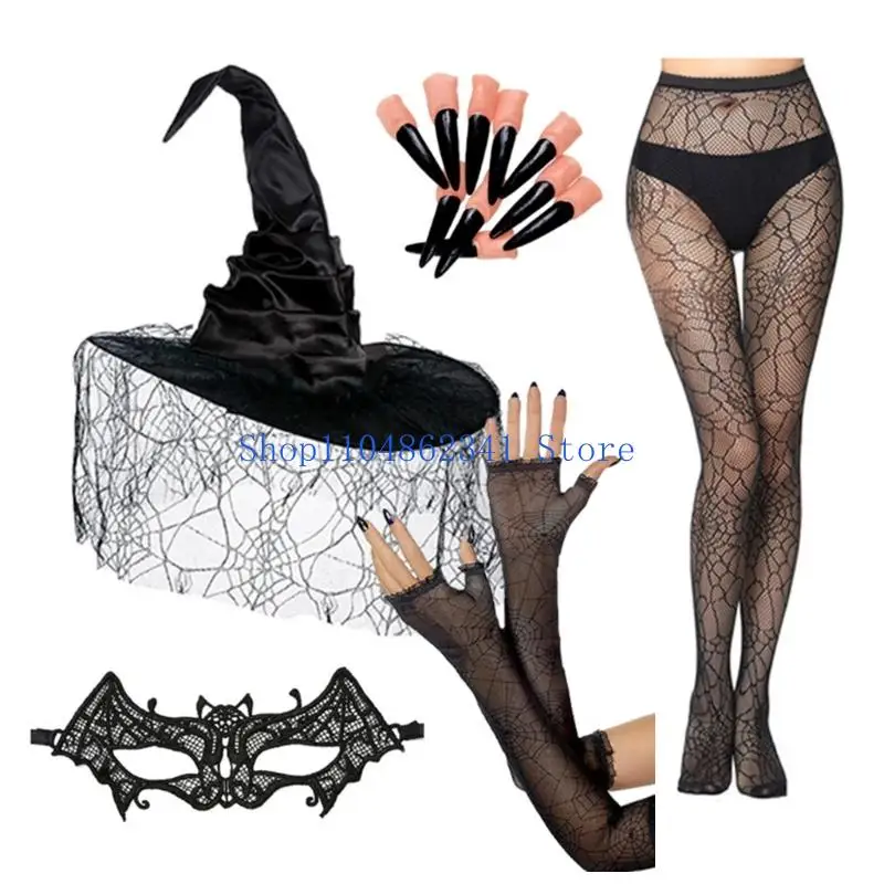 5asd Halloween Witch Accessoires Set Spitze Schleier Handschuhe Armärmel atmungsaktiv