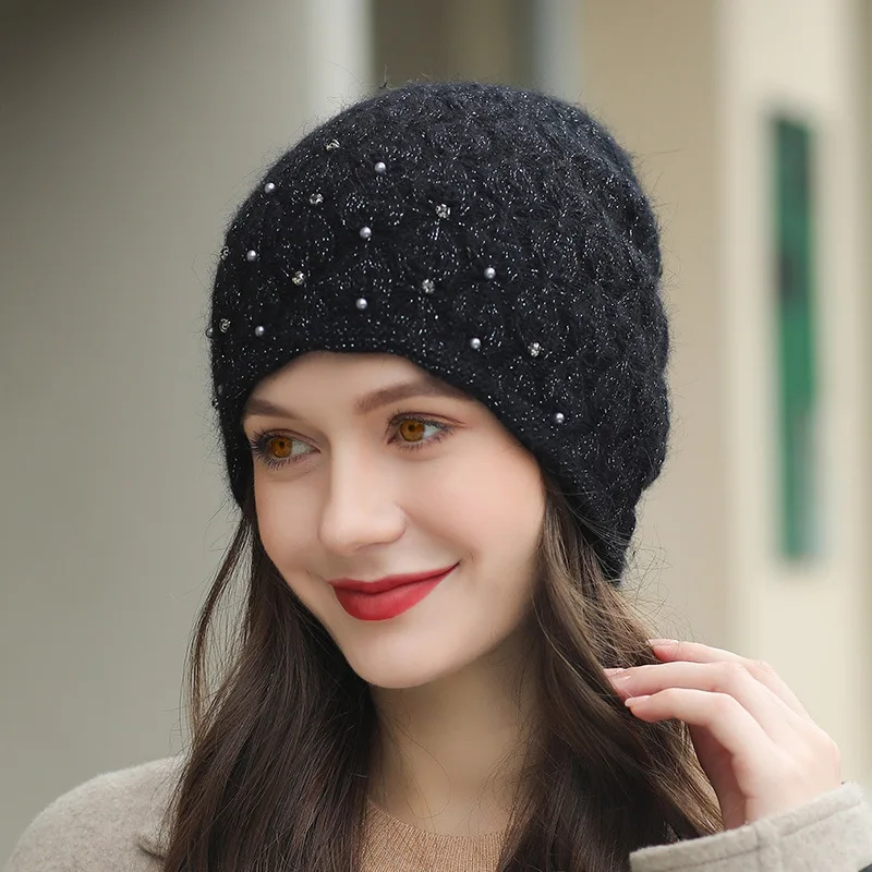 Winter New Skullies Beanie Hat Women Woolen Hats Female Knitted Bonnet Beanies Retro Warm Ear Protection Pearl Pile Caps