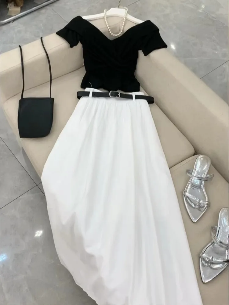 Ele Bla T-irt Skirt Set Women's Faion Summer 2025 Simple Unique High-End Feelings Clete Look by Single Court