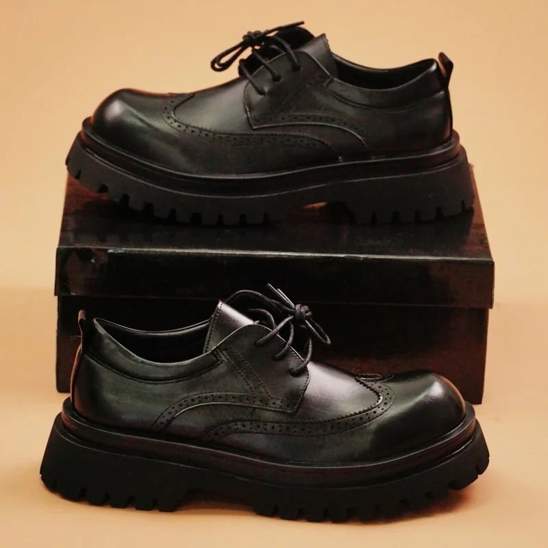 British Style Men's Block Shoes Thick Soled Durable for Office Interviews Formal Shoes Retro Brown Men's Shiny Leather Shoes3846