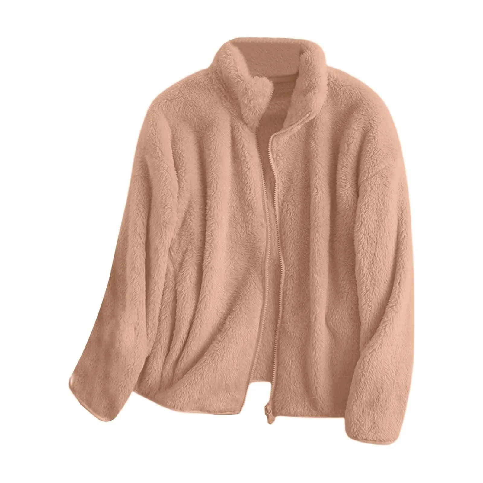 Fleece Jacket Women's Stand Up Collar Lined Teddy Jacket Warm Fluffy Jackets Plain Cardigan Baggy Ladies Sweater Jacket With Zip