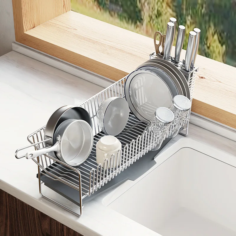 Kitchen Sink 304 Stainless Steel  Drainage Rack Kitchen Utensils Box  With Cutting Board Knife Rest Tabletop Storage Holder