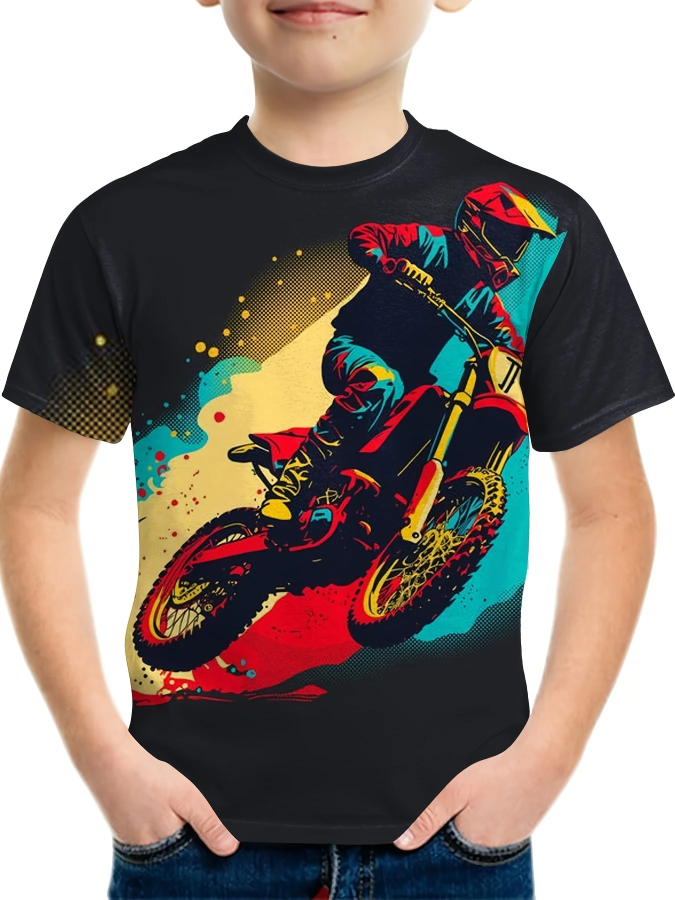 Motorcycle Rider Graffiti Print Kids Fashion Round Neck Casual Short sleeved T-shirt Daily Outdoor Comfortable Top