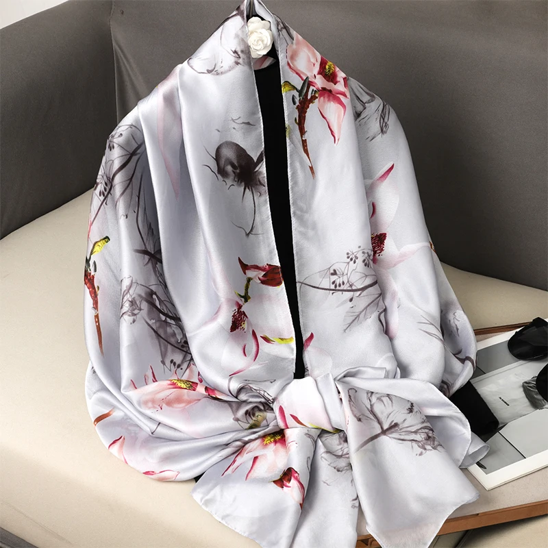 Women Silk Winter Scarf Luxury Design Print Lady Beach Shawl Scarves Fashion Smooth Foulard Female Hijab