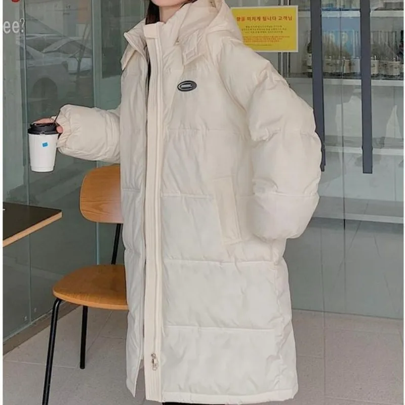 2023 New Women Down Cotton Coat Winter Jacket Female Long Over The Knee Parkas Loose Thick Outwear Solid Color Hooded Overcoat