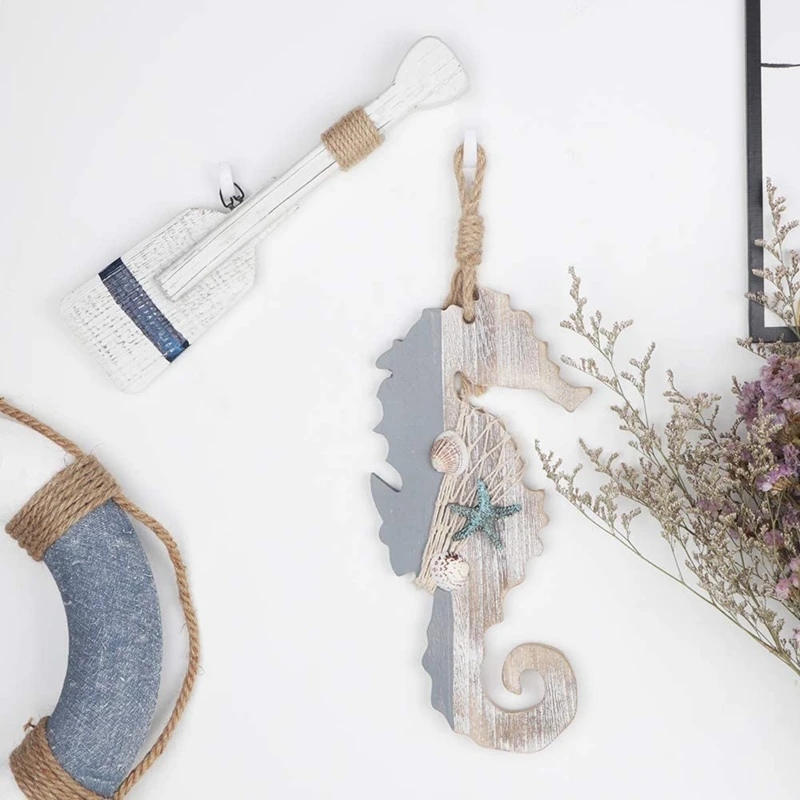 Cavalo marinho de madeira com estrela do mar e conchas, decoração náutica, ornamento, tema da praia, decoração para casa