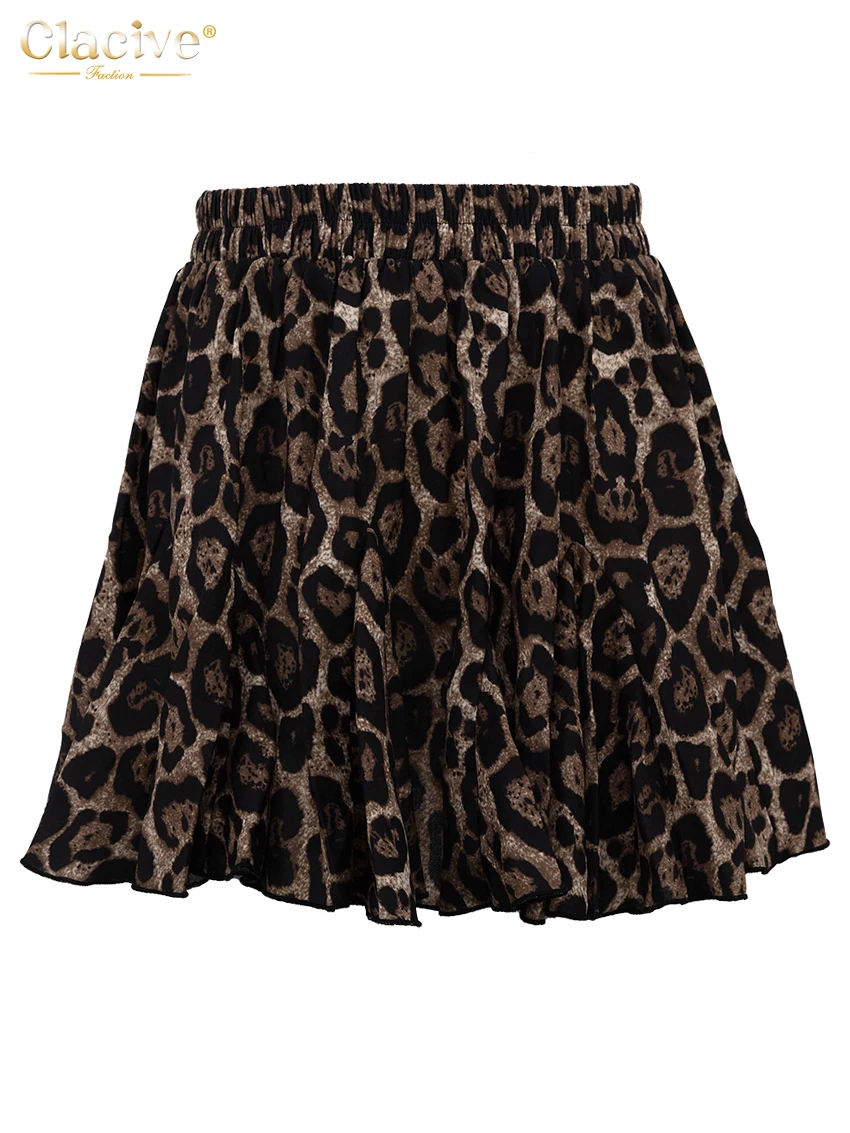 Clacive Fashion Leopard Print Women\'s Skirt Vintage High Waist Mini Skirts Skirt Elegant Classic Pleated Female Clothing 2024