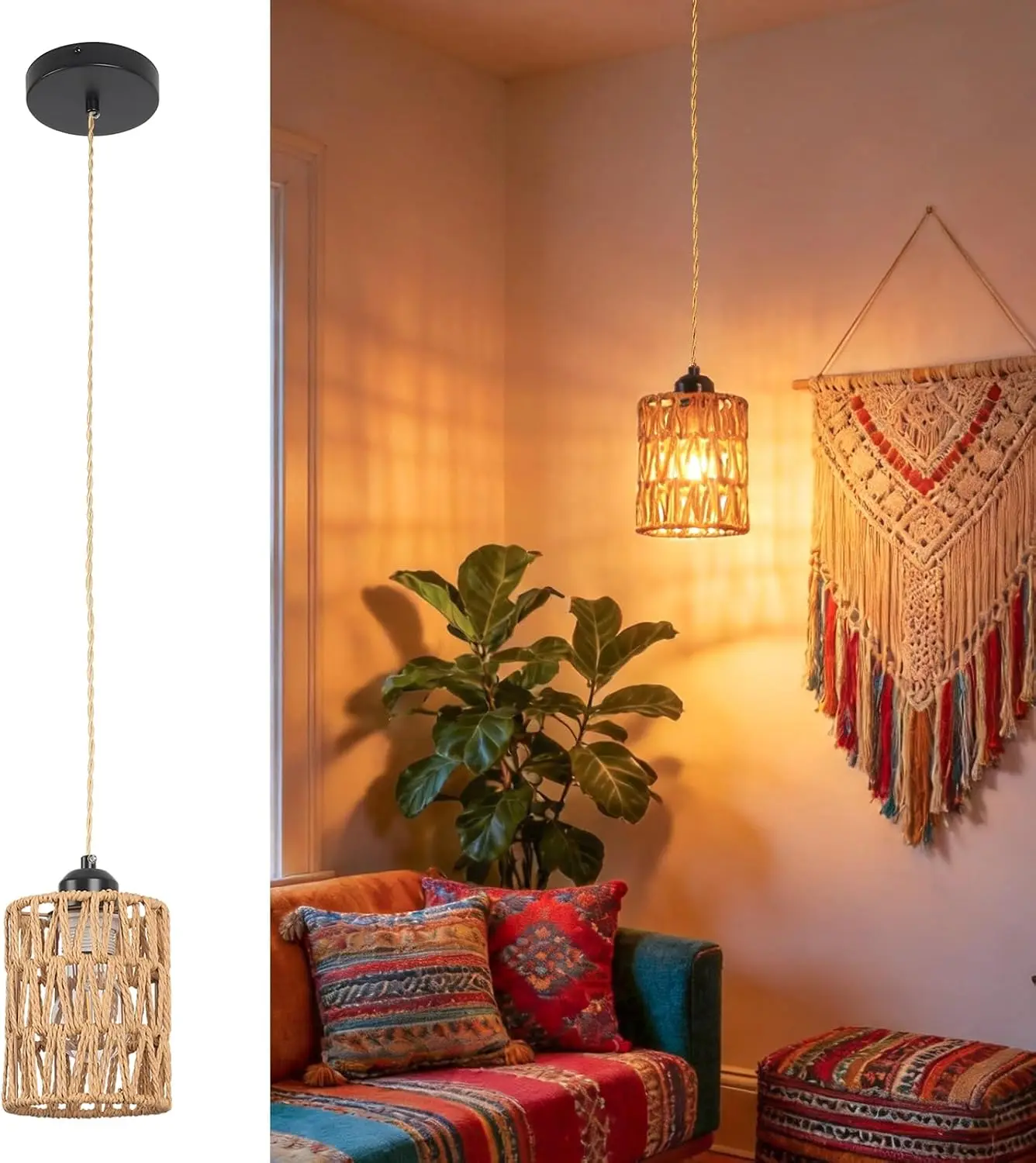5.9-inch Bohemian Rattan Pendant Light, E26, Adjustable Cord | Handwoven Rope Shade E26 Max 60W Height Adjustable Kitchen Island Bedroom Hardwired Pendant Lamp, Bulb Not Included