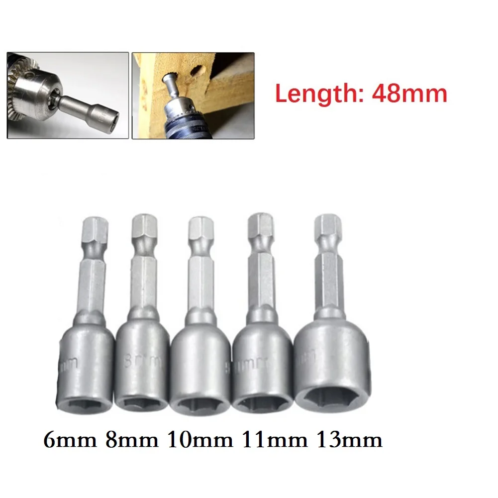 

5pcs Socket Adapter 1/4” Hex Shank Magnetic Power Nut Driver Chrome Vanadium Steel Electric Drill Bit Screwdriver Tool 6-13mm