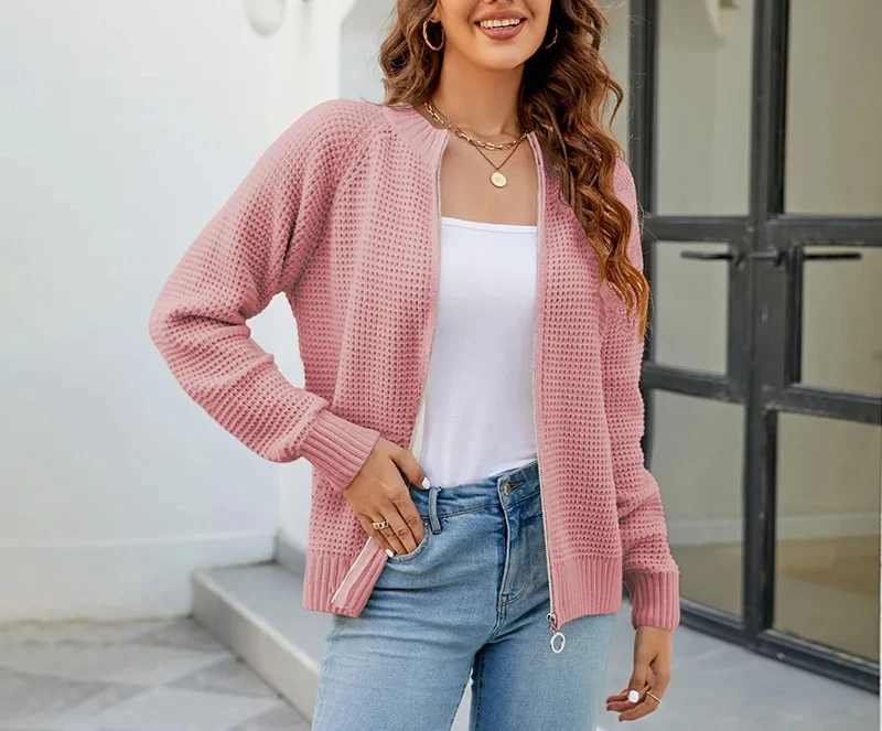 2024 inverno nova camisola cardigan feminino cor sólida zíper em torno do pescoço camisola de malha jaqueta