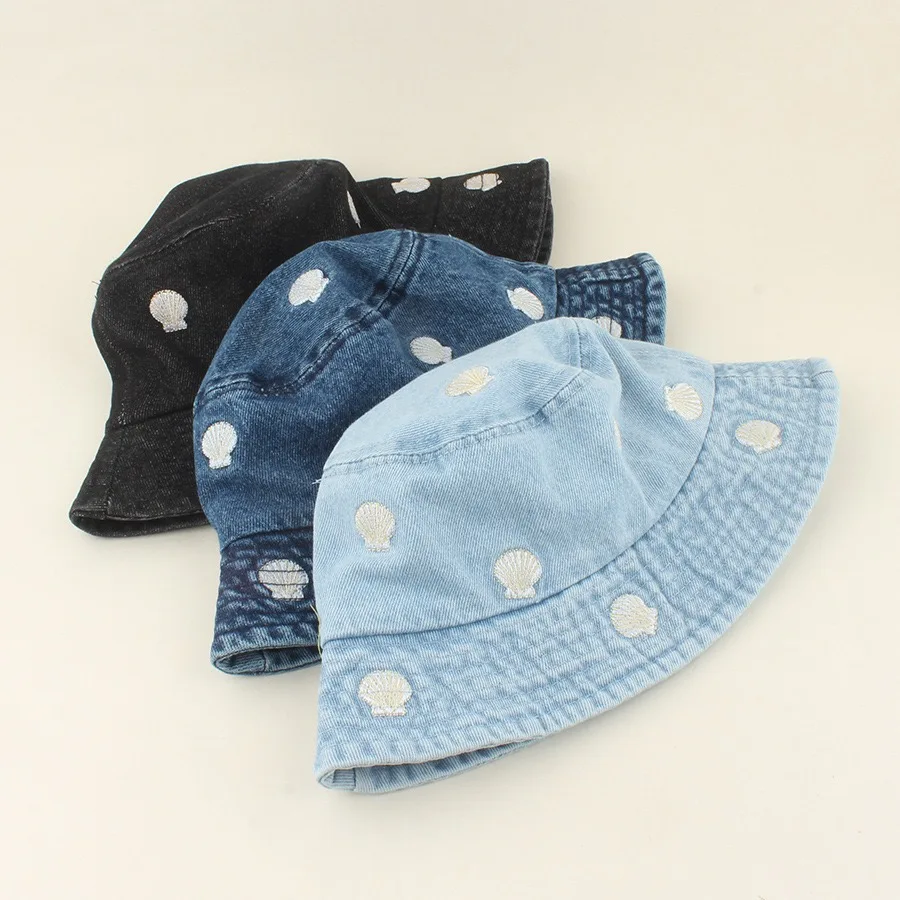 Unisex shell embroidery bucket hat, versatile wide brim, face-framing, sunshade outdoor denim fisherman hat